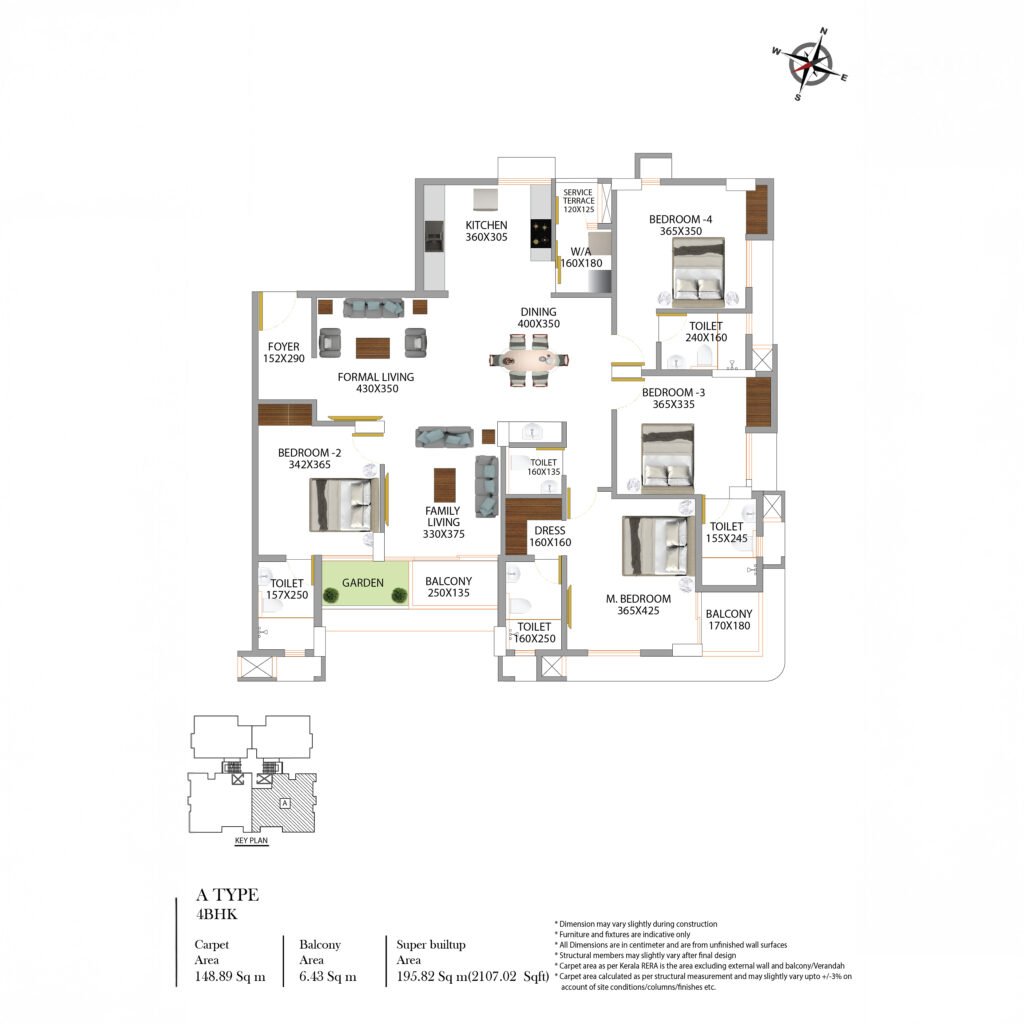 PB Zaire Type A 4BHK Floor Plan – Spacious 2107 Sqft Luxury Apartment Layout in Palarivattom, Kochi | TBPL Homes