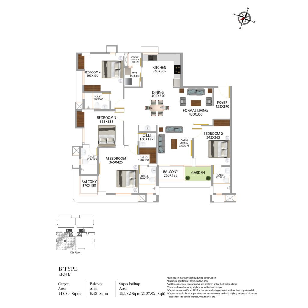 PB Zaire Type B 4BHK Floor Plan – 2107 Sqft Premium Apartment Layout with Garden & Balconies | TBPL Homes, Palarivattom, Kochi