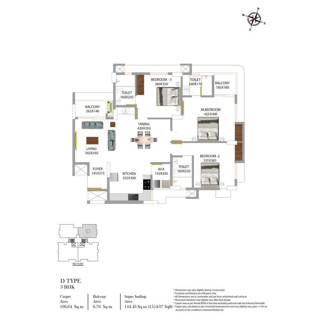 PB Zaire Type D 3BHK Floor Plan – 1554 Sqft Premium Apartment Layout with Two Balconies | TBPL Homes, Kochi