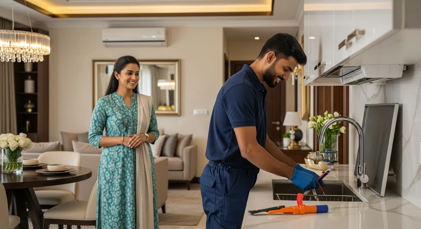 Home care worker assisting a housewife in a premium TBPL Homes apartment in Thrissur and Kochi