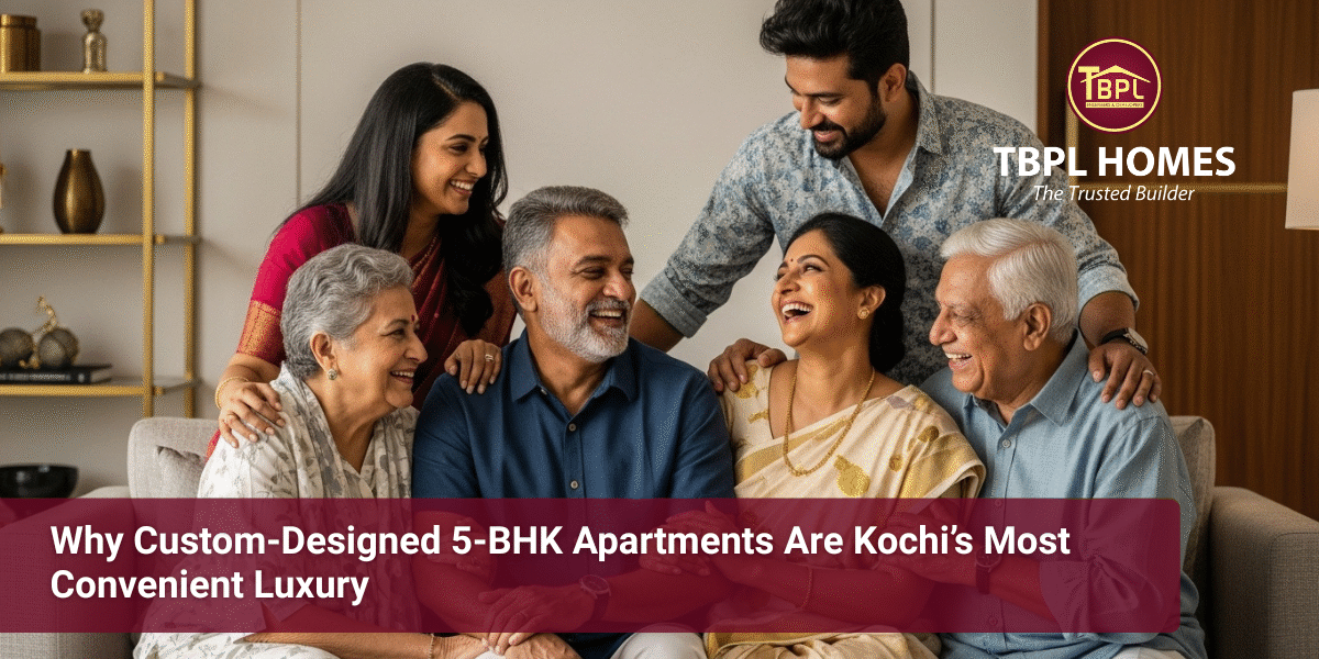 A Kerala family in their Custom-designed 5-BHK luxury apartment interior with spacious living area in Kochi