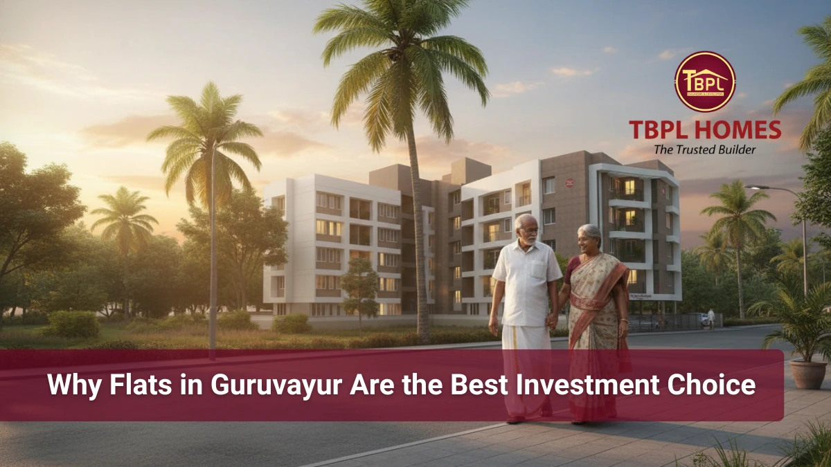 Elderly Malayali couple in the foreground with TBPL Harikeerthanam flats in Guruvayur visible in the background during evening time