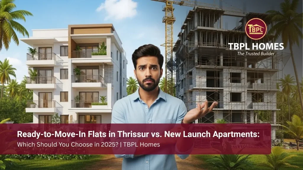 A stylish man looks puzzled standing between a finished modern apartment and an under-construction flat in Thrissur, Kerala, with coconut trees and lush greenery in the background.