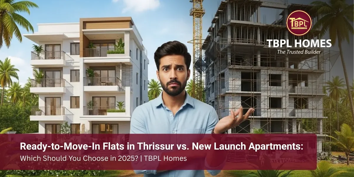 A stylish man looks puzzled standing between a finished modern apartment and an under-construction flat in Thrissur, Kerala, with coconut trees and lush greenery in the background.