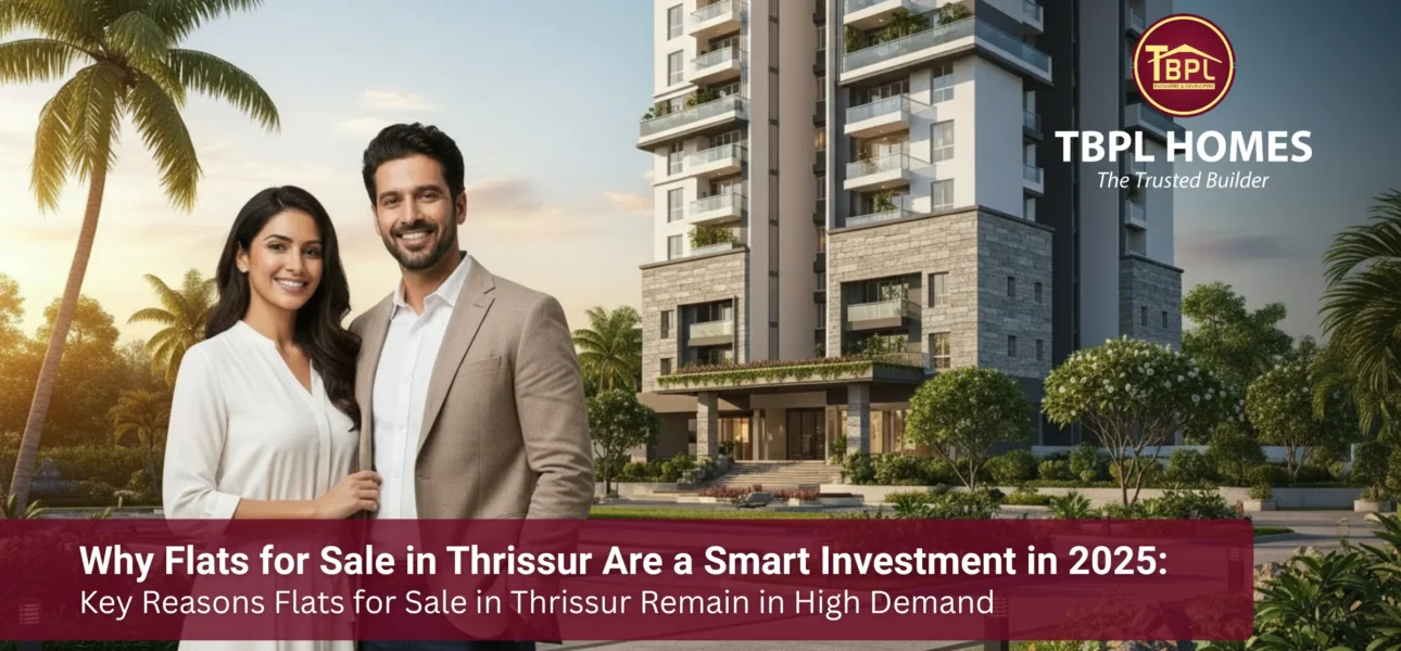 A couple standing in front of their new apartment, exploring modern flats for sale in Thrissur.