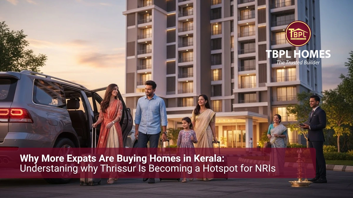 NRI family arriving at their modern apartment building in Kerala, showcasing premium flats in Kerala for returning expatriates.