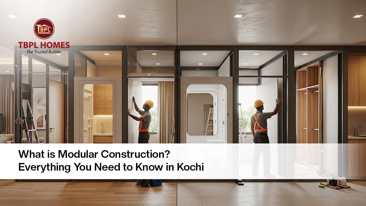 Modern modular construction process showing factory-built home modules being assembled for apartments in Kochi